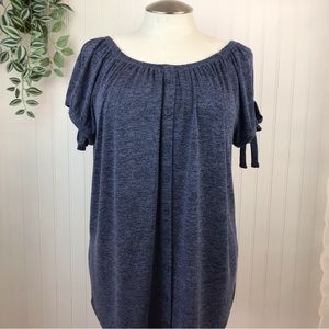 MyStyle Peasant Style Top Plus Size 1X Short Sleeves Bows Heather Blue Knit